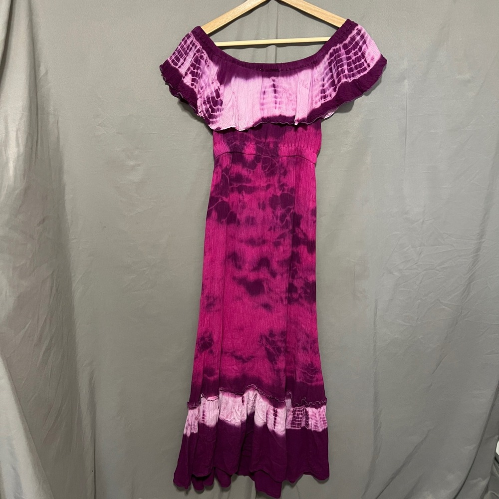 Steve Madden Purple Tie Dye Maxi Dress Off Shoulder Ombre Ruffle Size Small - Picture 5 of 7